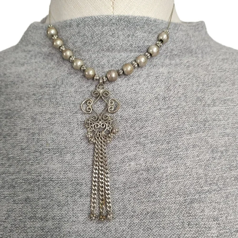 Stunning Silver Toned Wire and Beads Ornate Choker Earring Set Bisou Bisou - Picture 2 of 8